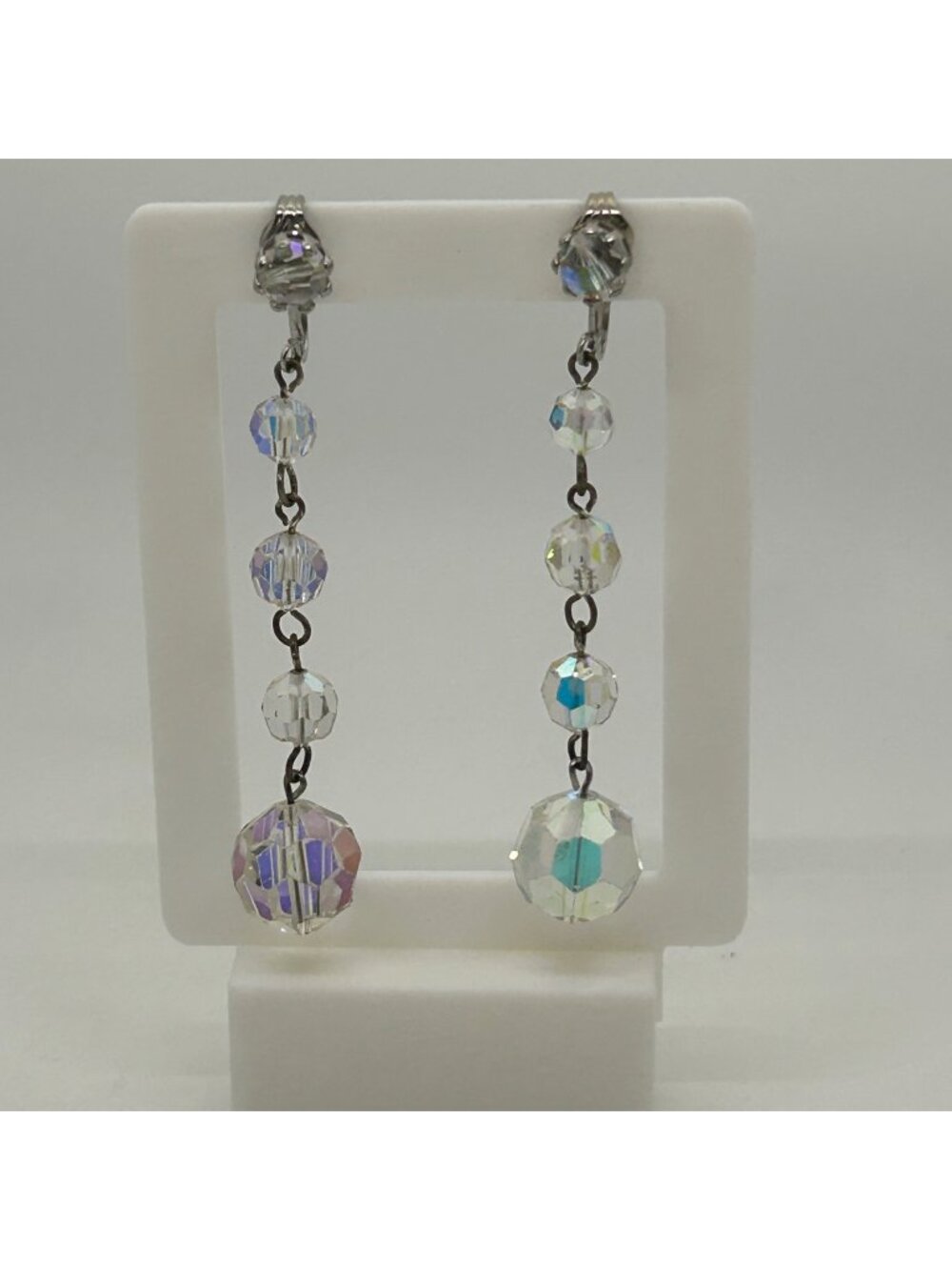 Vintage Aurora Borealis Bead Dangle Drop Clip-On Earrings Silver Tone Sparkle